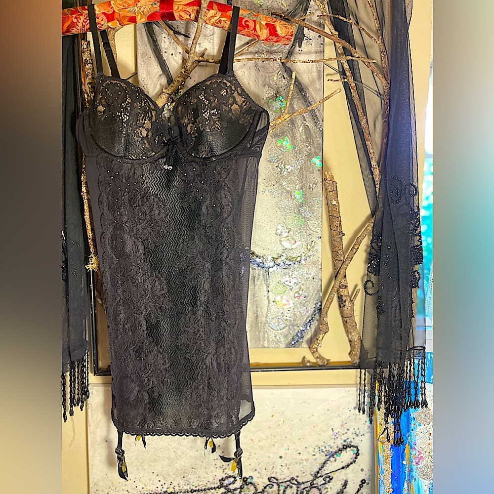 Y2K Victoria’s Secret Black Lace Slip Dress Crystal Cups Garters 34B XS/S
